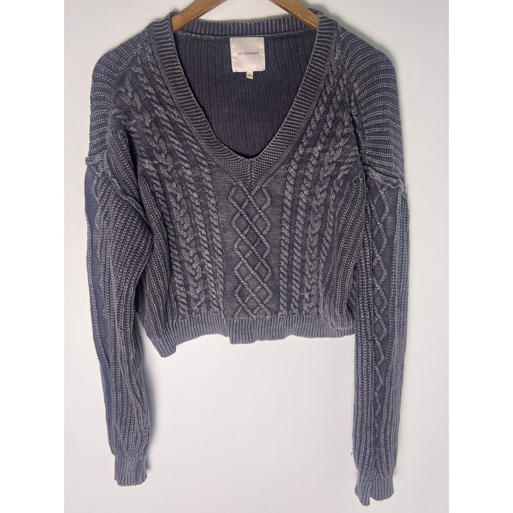 No Comment Cable Knit Sweater W L Gray Cropped V-Neck Cotton Minimal Cozy Preppy